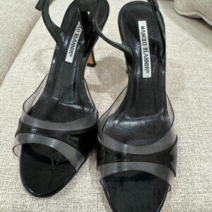 Manolo Blahnik open toe back strap patent black and clear sandal size 35